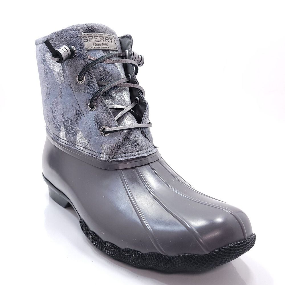 Sperry Saltwater Duck Boots Metallic Camo Silver Rain Snow Womens Size 9.5